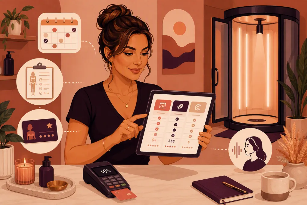 Spray tan salon owner comparing scheduling, membership and AI receptionist software