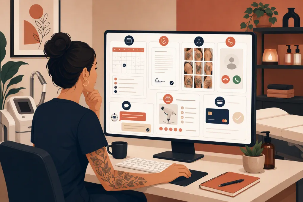 Tattoo removal clinic operator comparing booking, clinical records, messaging, and payment software