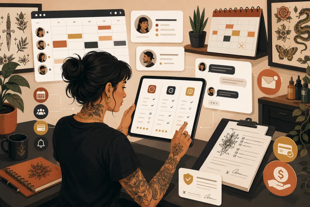 Tattoo studio manager comparing booking, forms, deposits, and client messaging software
