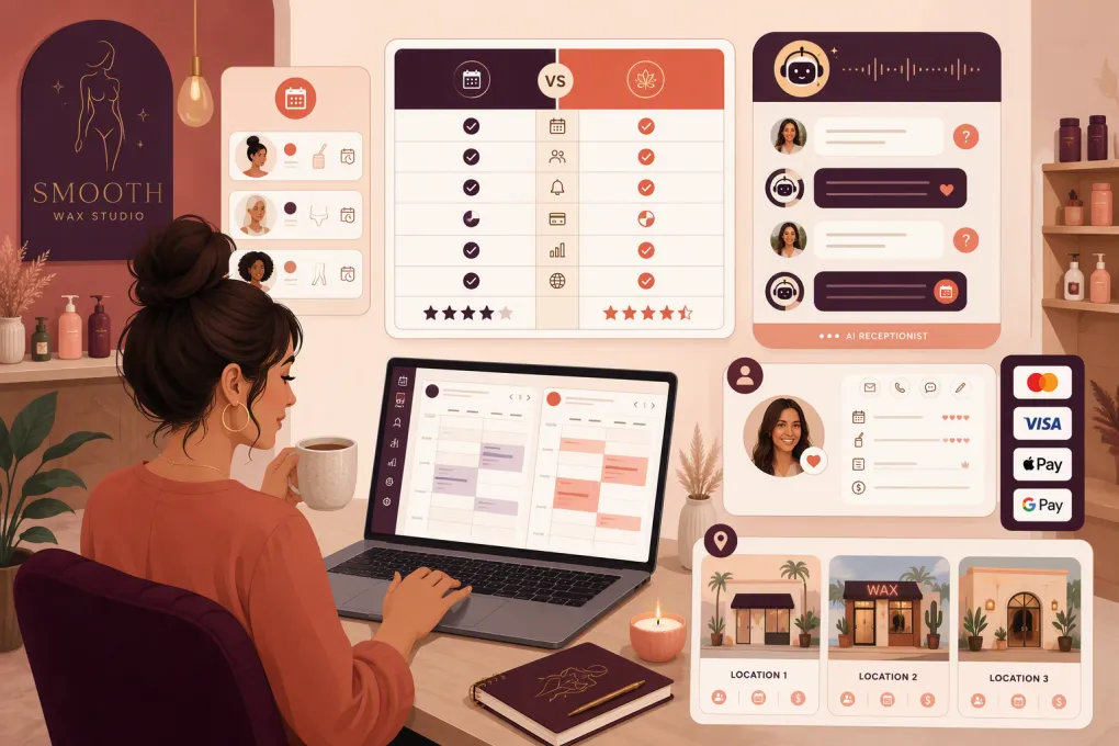 Waxing salon owner comparing booking software while an AI receptionist handles client inquiries