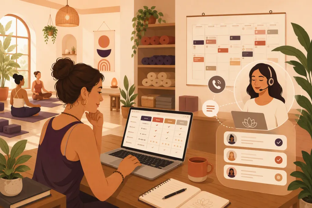 Yoga studio owner comparing booking software while an AI receptionist manages inquiries