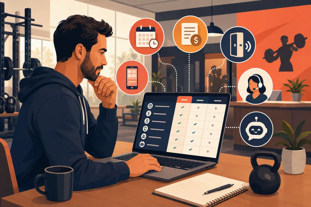 Gym owner comparing management platforms for booking, billing, access, mobile apps, and AI follow-up