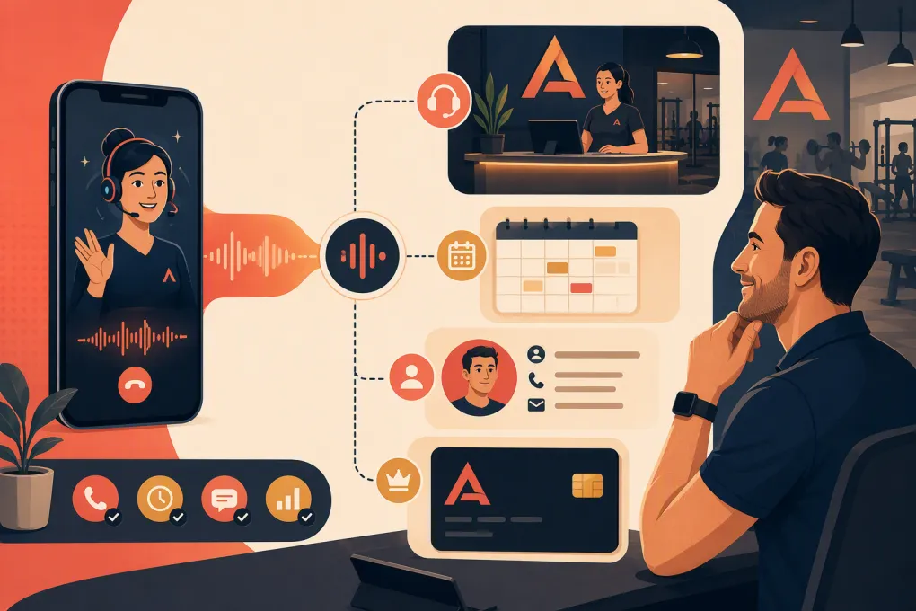 AI voice receptionist connecting a gym lead call to booking and membership workflows