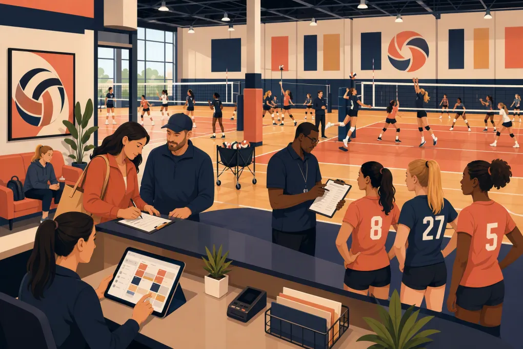 Volleyball facility staff managing courts, tryouts, rosters, waivers and payments