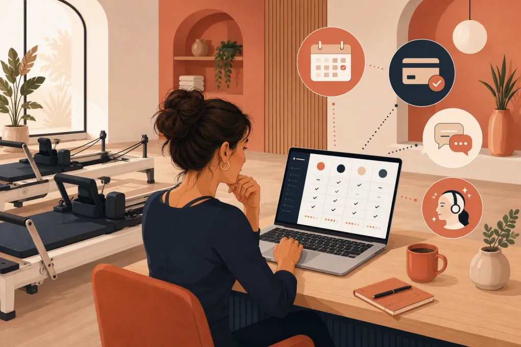 Pilates studio operator comparing booking, payments, CRM, and AI receptionist software