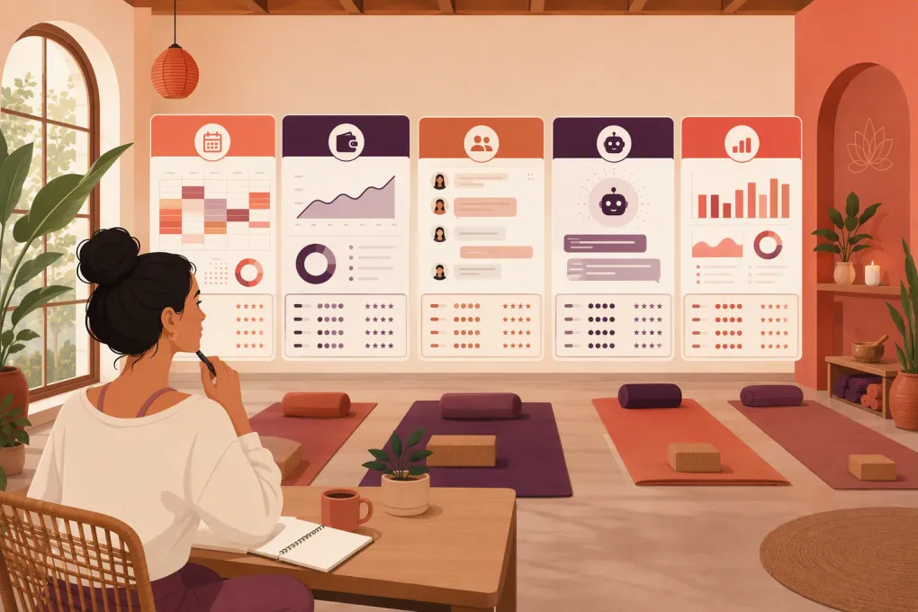Yoga studio owner comparing booking, payment, CRM, and AI receptionist software