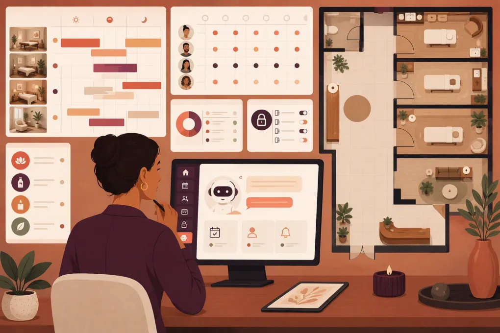 Operator comparing software for wellness treatment rooms, practitioners, payments, and bookings