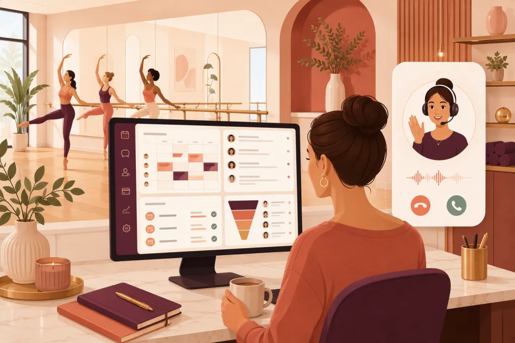 Barre studio owner managing bookings and leads with an AI receptionist