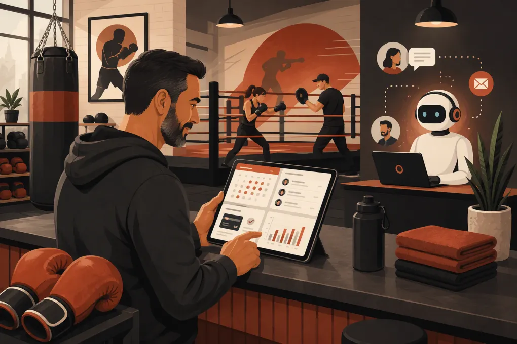 Boxing gym owner managing bookings, leads and member payments from a ringside tablet