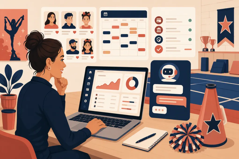 Cheer gym operator comparing family enrollment, billing, scheduling, and AI receptionist software