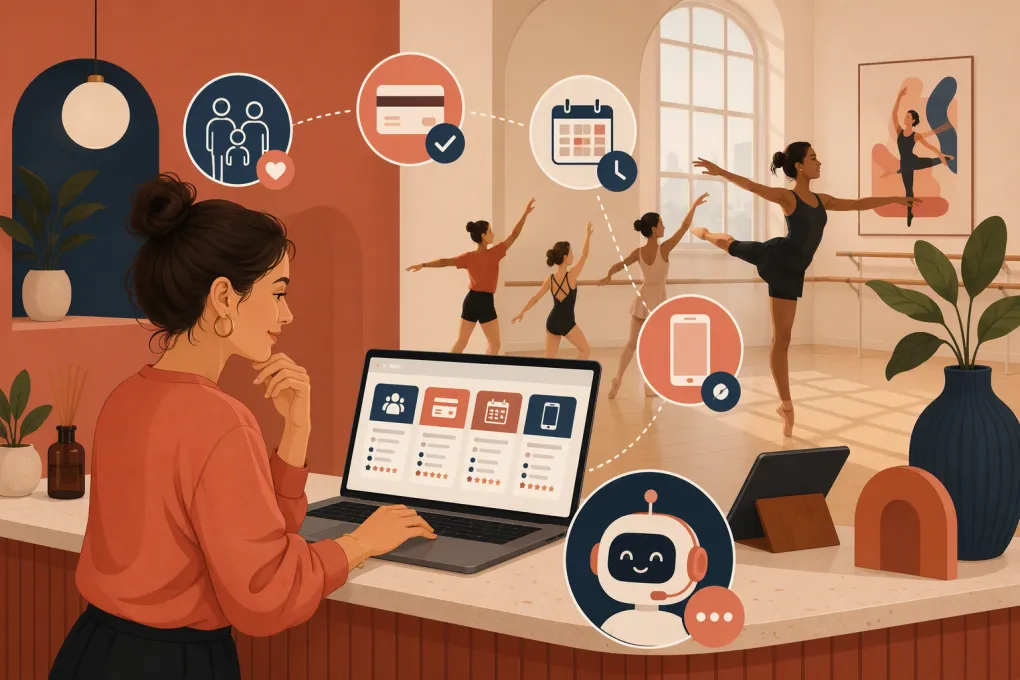 Dance studio owner comparing scheduling, billing, family account, and AI receptionist platforms