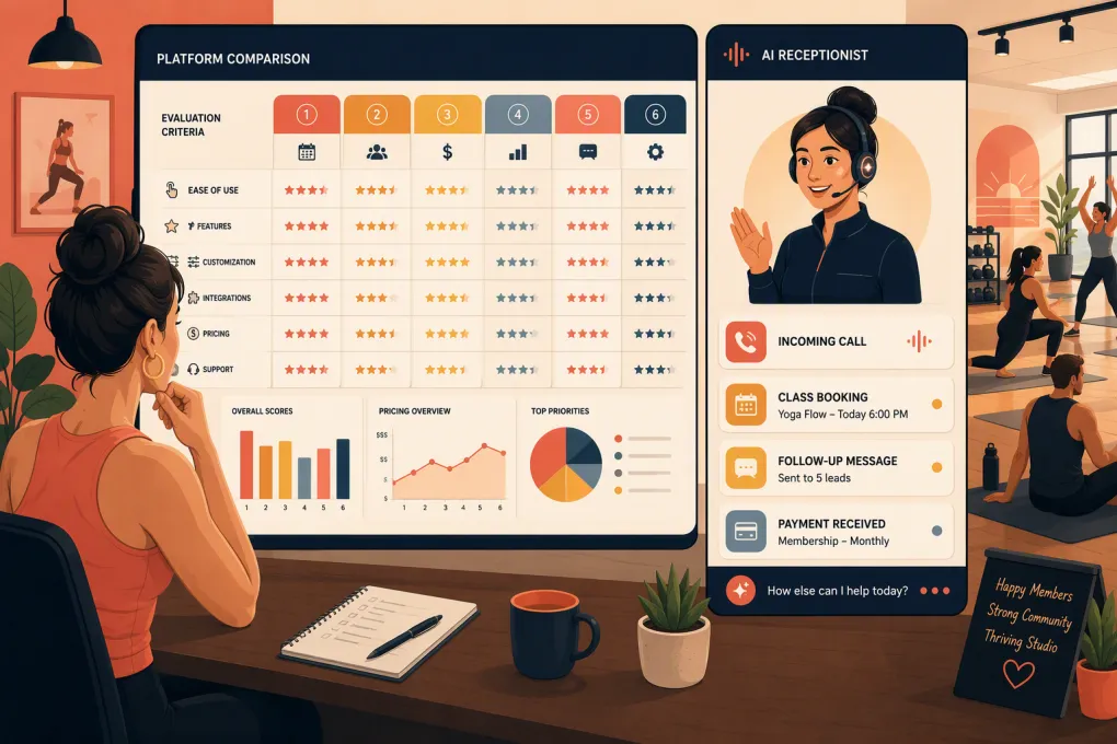 Fitness studio owner comparing booking, CRM, payment, and AI receptionist platforms