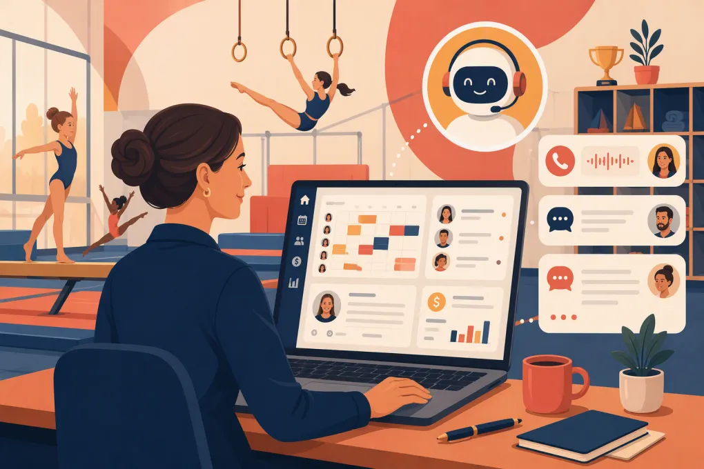 Gymnastics school operator managing enrollment while an AI receptionist answers parent inquiries