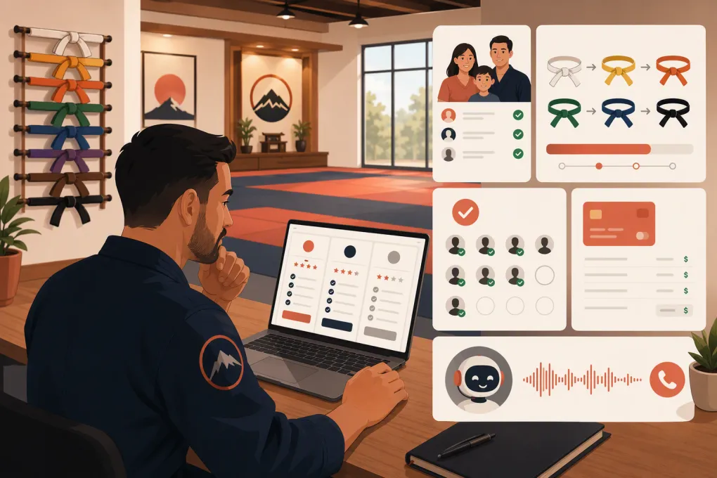 Martial arts operator comparing software for attendance, ranks, family billing, and lead response