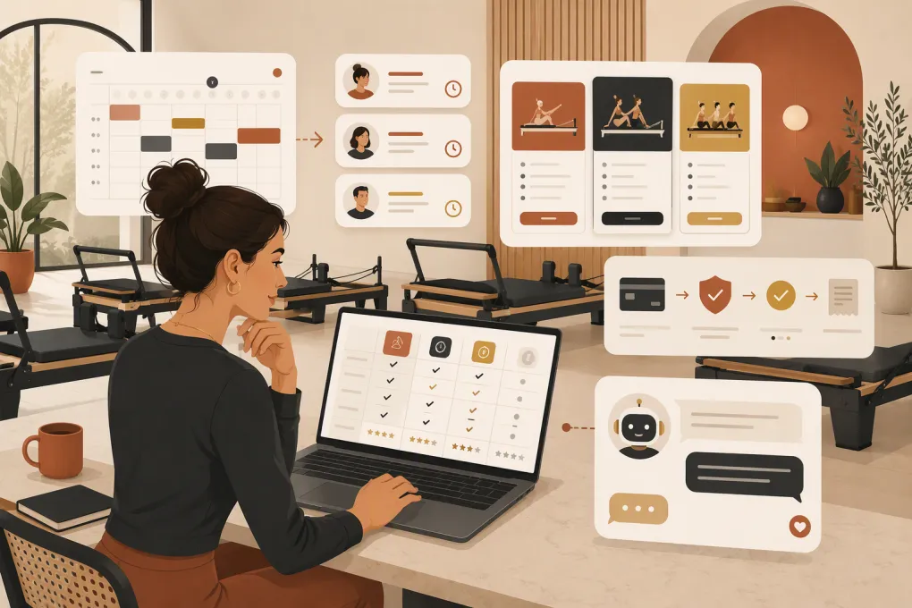 Pilates operator comparing scheduling, package, payment, and AI receptionist software
