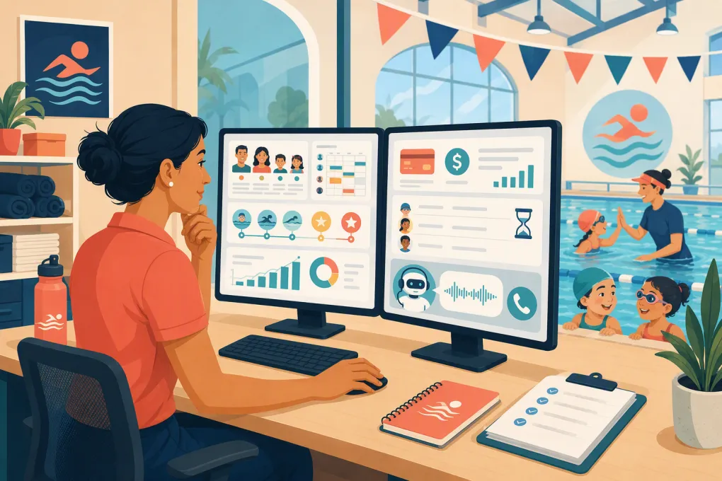 Swim school operator comparing scheduling, billing, family management, and AI receptionist software