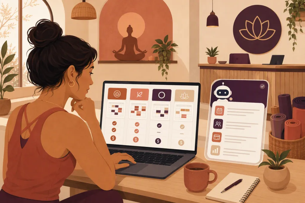 Yoga studio owner comparing booking, payment and AI software options