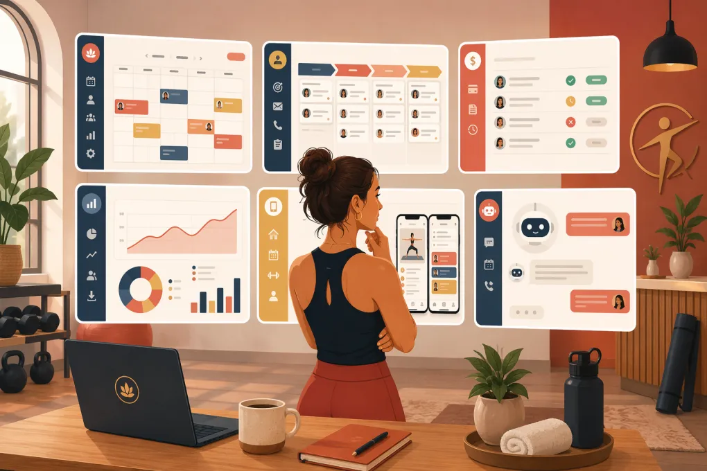 Wellness business owner comparing booking, CRM, payment, reporting, and AI software