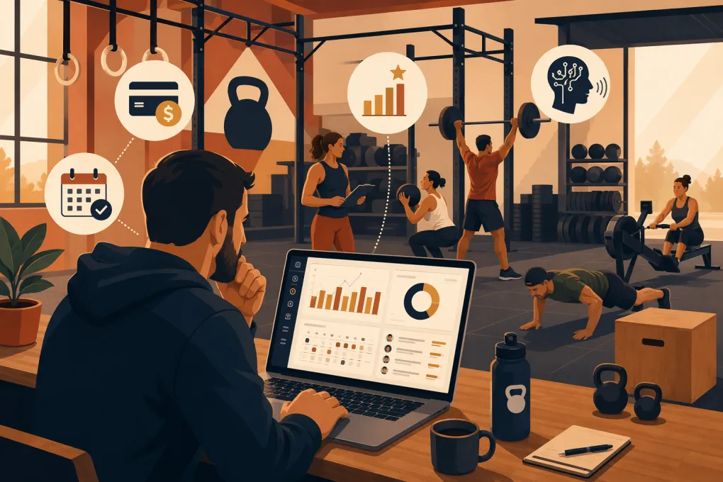 CrossFit gym owner comparing booking, billing, workout tracking and AI receptionist software