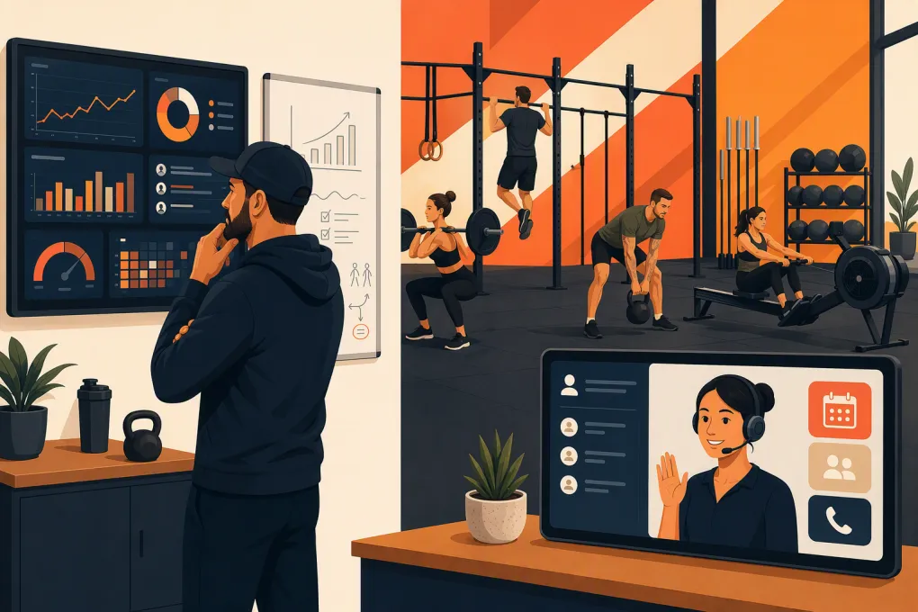 Functional fitness gym owner comparing management and workout-tracking software