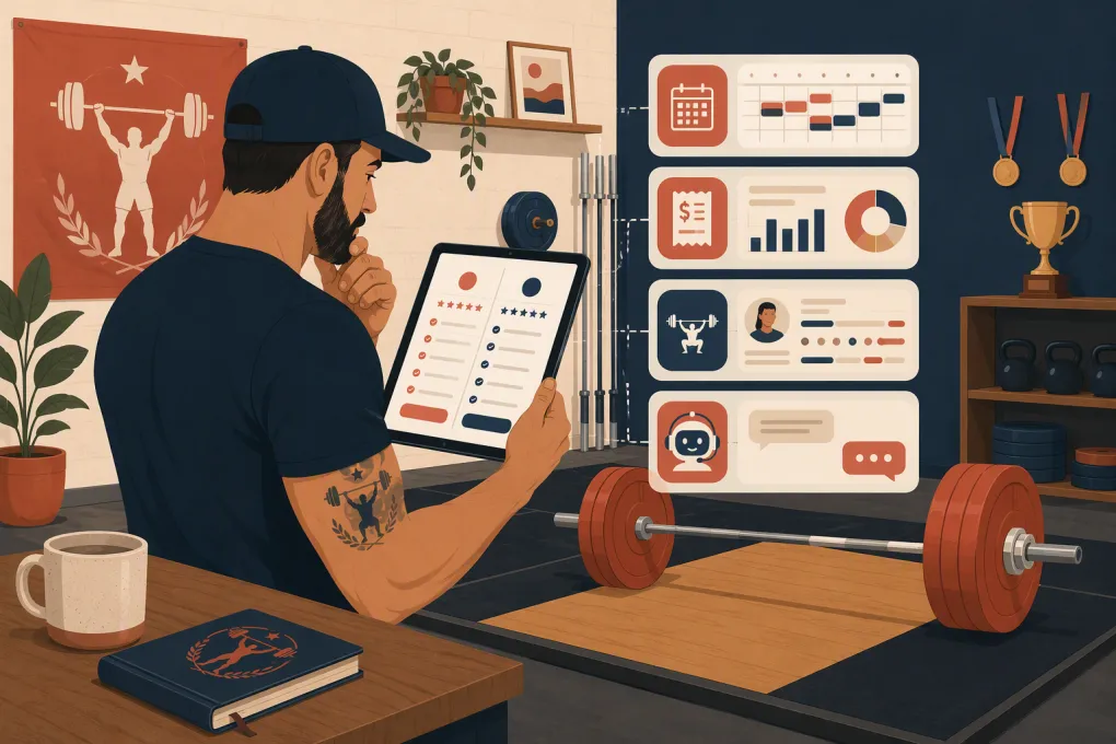 Weightlifting gym owner comparing management software beside a barbell platform