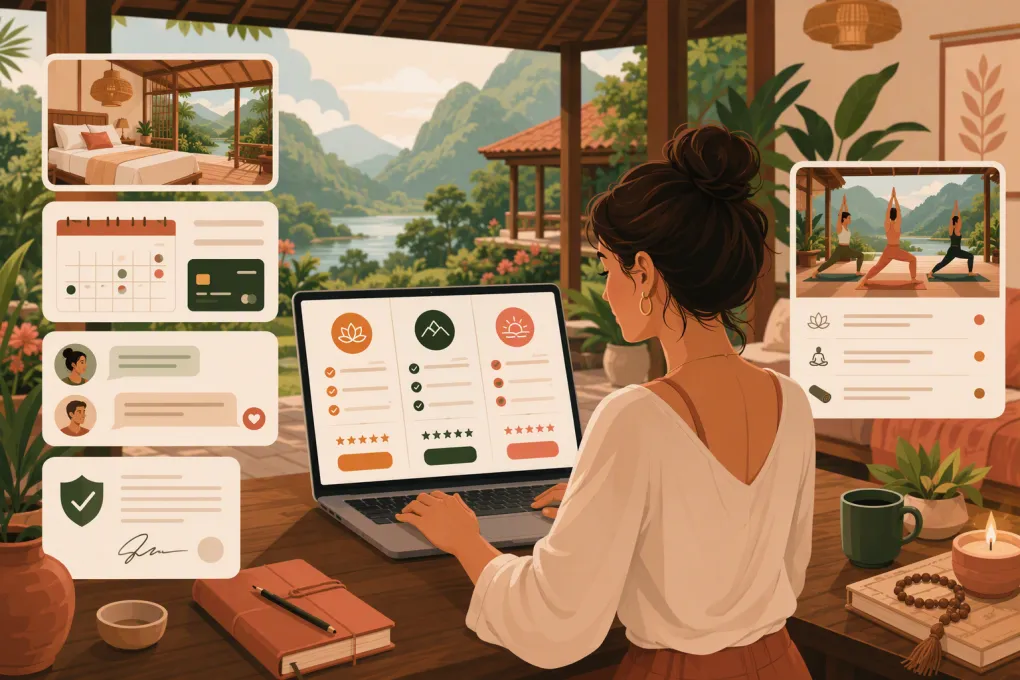 Yoga retreat operator comparing software for lodging, payments, scheduling, and guest communication