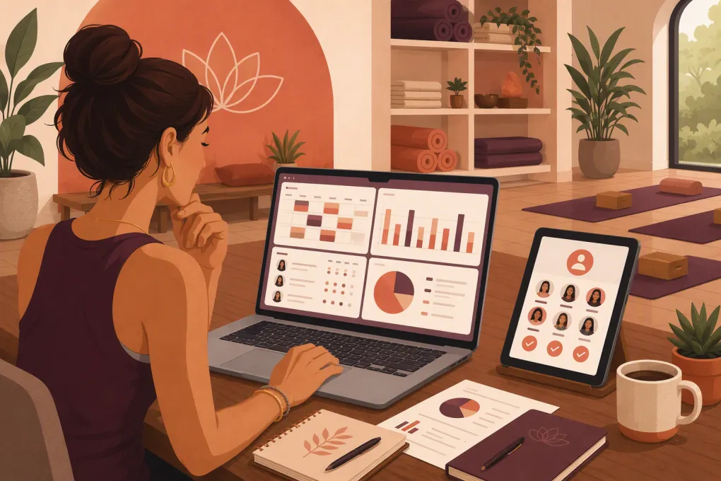 Yoga studio operator comparing instructor attendance, compensation reports, and payroll software