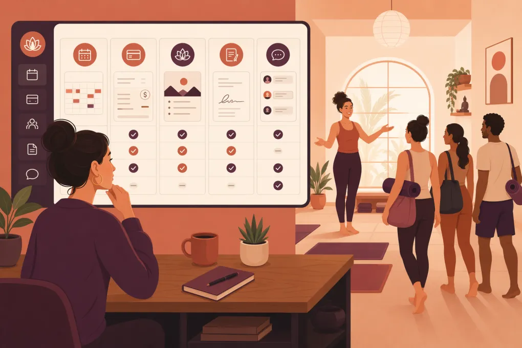 Yoga studio owner comparing booking, billing, workshop, and member management software