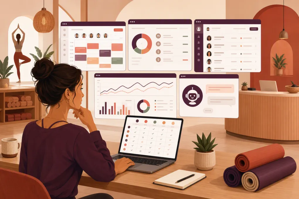 Yoga studio operator comparing booking, payment, CRM, and AI software