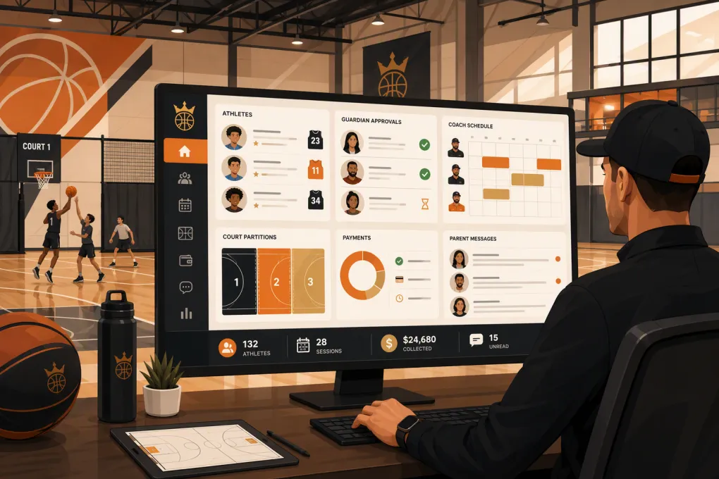 Operator managing athlete records, coaches, court space, payments, and parent messages