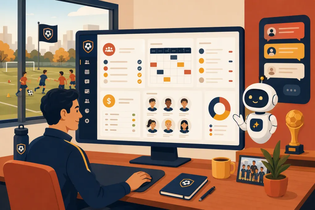 Soccer academy operator managing schedules, registrations, payments, and parent messages