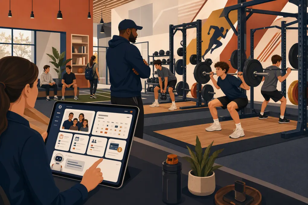 Youth performance gym using software for evaluations, family enrollment, attendance, and billing