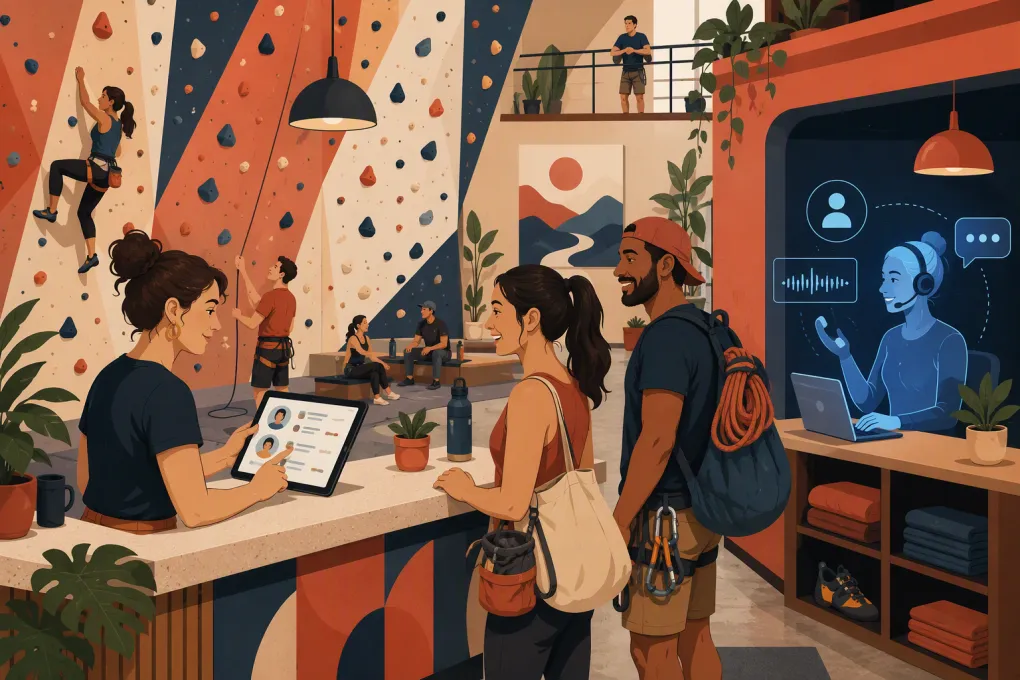 Climbing gym operator comparing membership, check-in, booking, and AI reception software