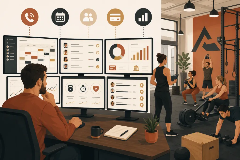 Functional fitness gym owner comparing booking, billing, workout tracking, and AI software