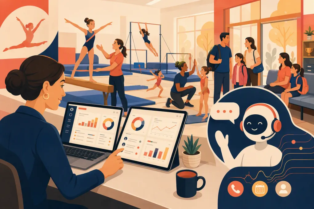 Gymnastics school owner comparing management software while an AI assistant handles an inquiry