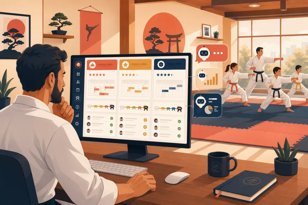 Karate school owner comparing management software while students train