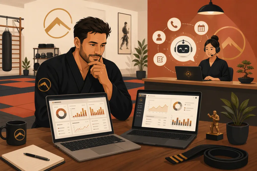 Martial arts school owner comparing management software while an AI receptionist handles leads