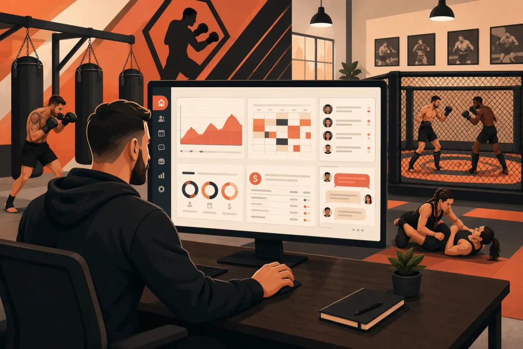 MMA gym owner managing leads, bookings and billing while athletes train