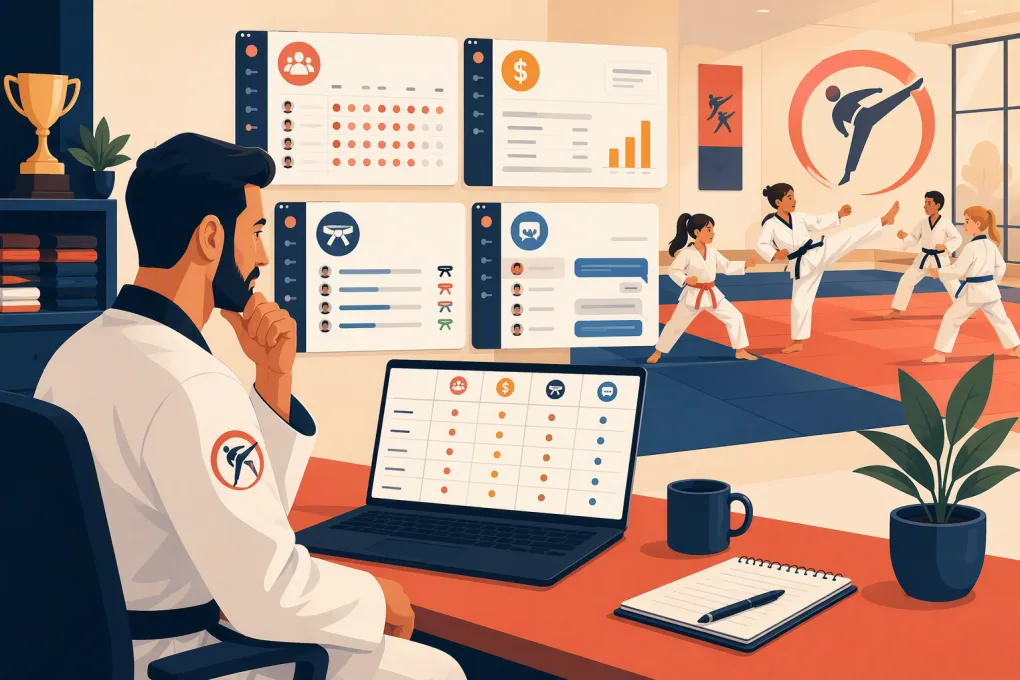 Taekwondo owner comparing software for billing, attendance, belt progression and lead follow-up