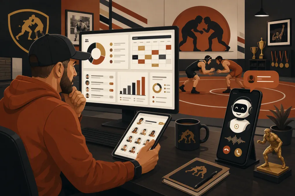 Wrestling gym owner comparing management software beside a mat and AI receptionist dashboard
