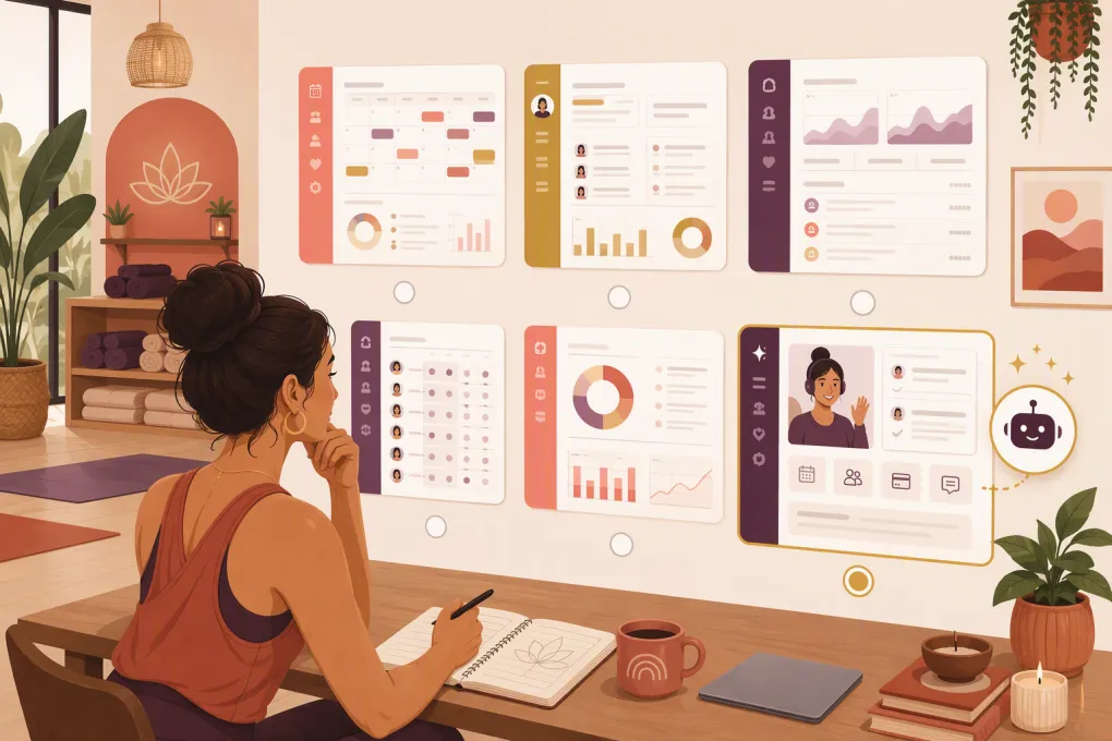 Yoga studio owner comparing booking, billing, messaging, and AI receptionist software