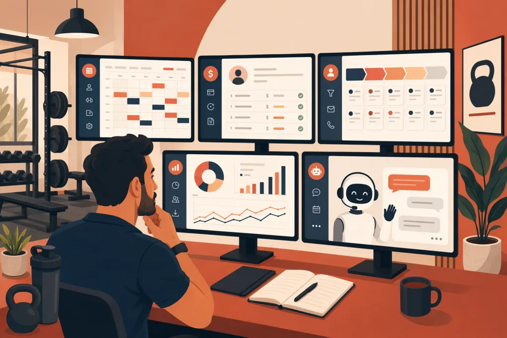 Gym owner comparing scheduling, billing, CRM, and automation platforms