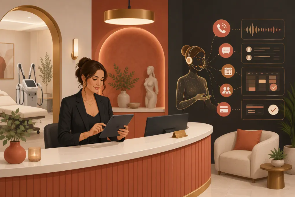 Clinic owner using an AI-powered booking and operations platform at a body contouring clinic