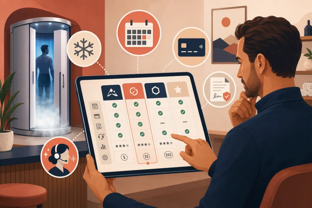 Cryotherapy operator comparing booking, payment, waiver, and AI receptionist software
