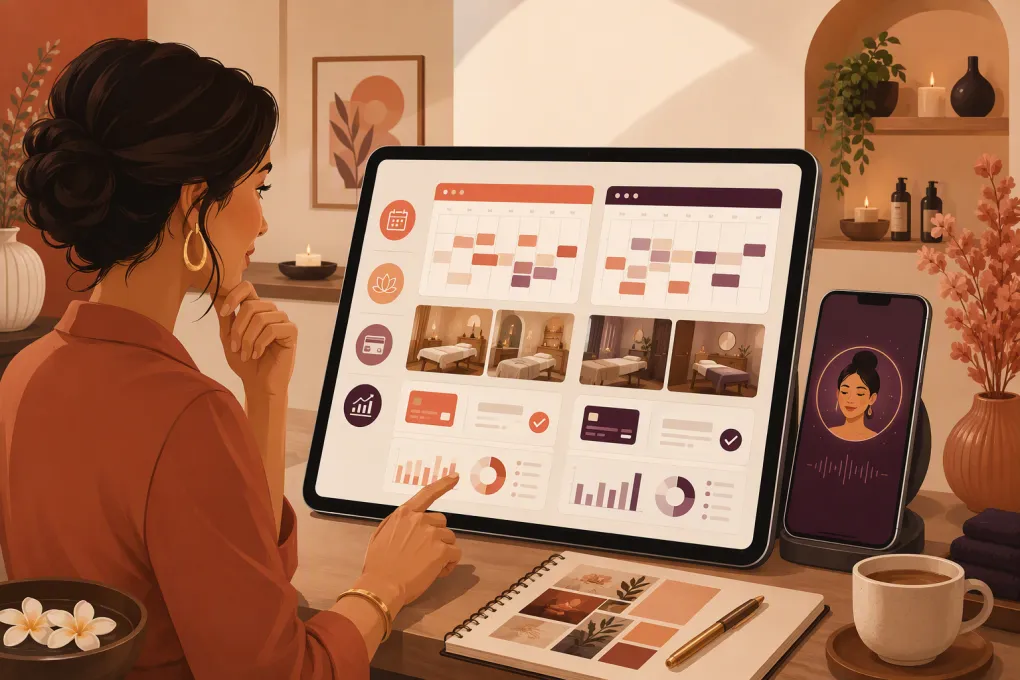 Day spa owner comparing booking, payment, and AI receptionist software