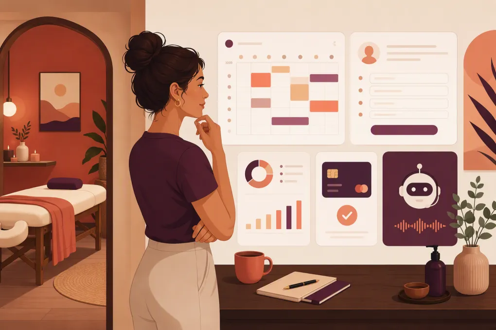Massage practice owner comparing scheduling, SOAP notes, payments, and AI receptionist software