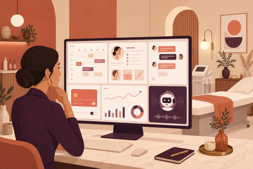 Med spa owner comparing booking, clinical, payment, and AI receptionist software
