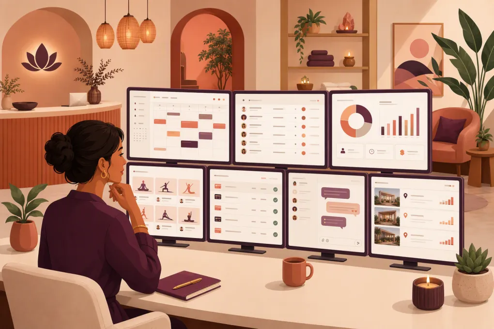 Wellness center owner comparing scheduling and management software platforms